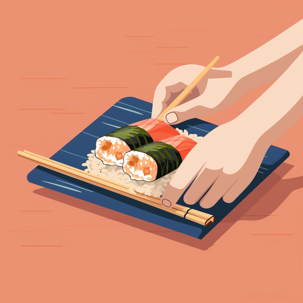 Hand rolling sushi with a bamboo mat
