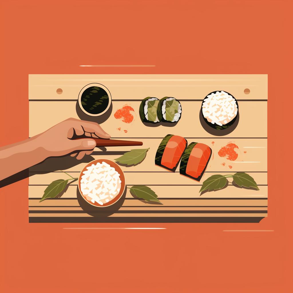 Hands using a bamboo mat to roll the sushi.