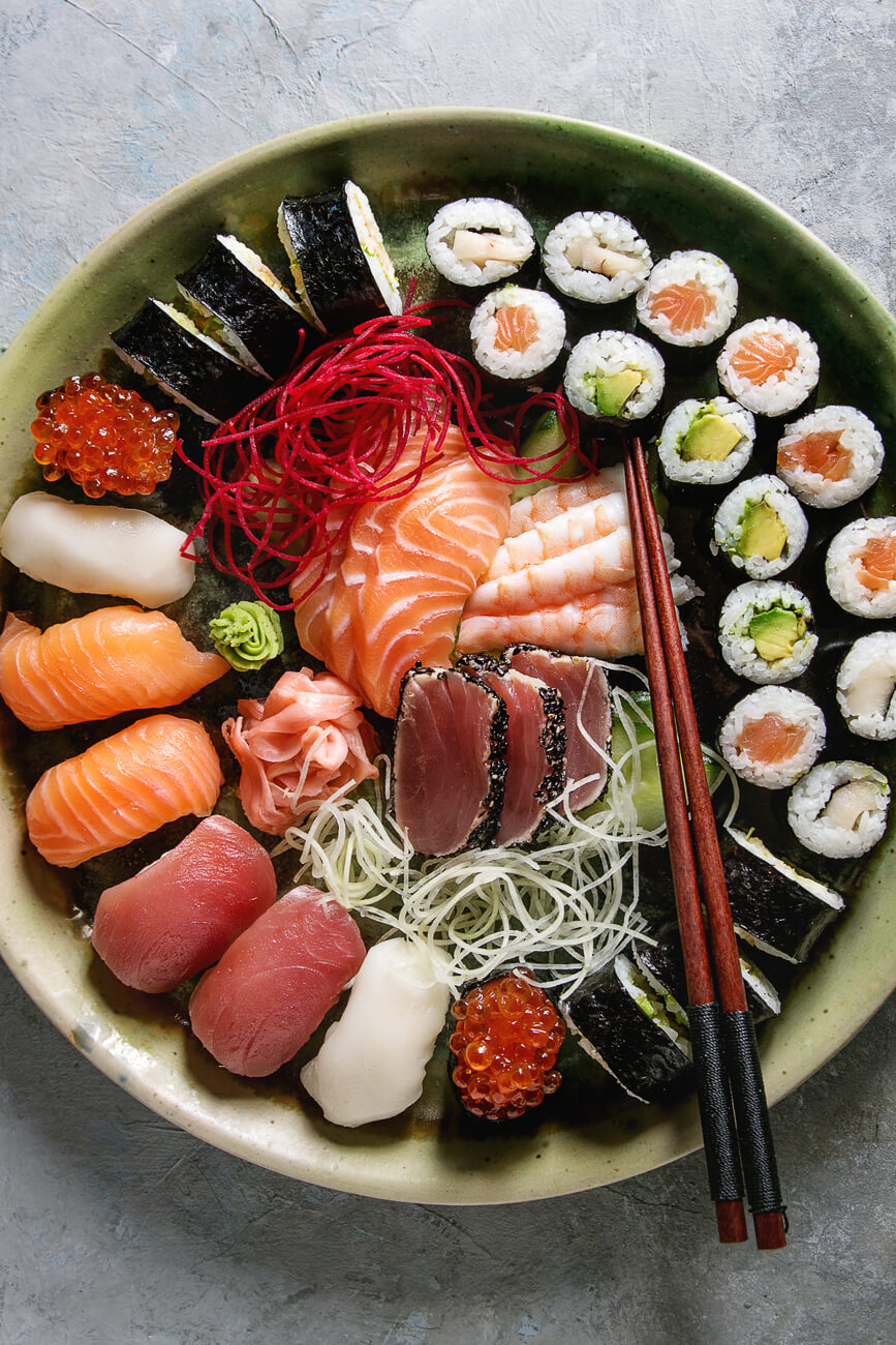 Plate of delicious Nigiri sushi with shrimp topping